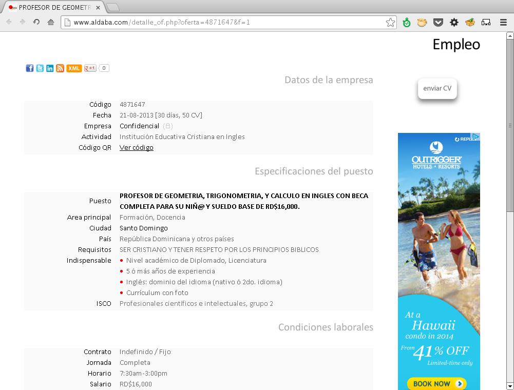 PROFESOR DE GEOMETRIA, TRIGONOMETRIA, Y CALCULO EN INGLES CON BECA COMPLETA PARA SU NIÑ@ Y SUELDO BASE DE RD$16,000.